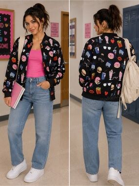 American Retro Novelty Print Bomber Jacket
Size: 1